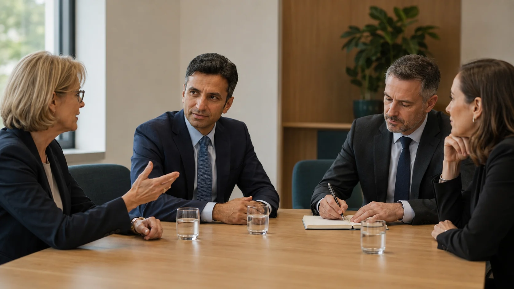 Nazim Bayram im Gespräch mit einer Führungsrunde am Besprechungstisch.