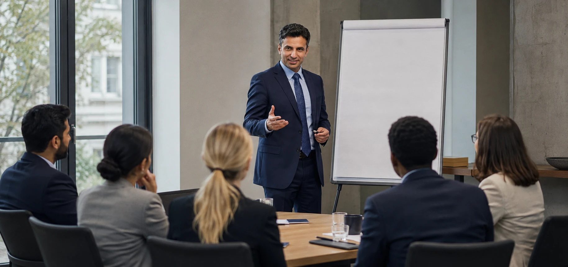 Nazim Bayram moderiert am Flipchart vor einer kleinen Gruppe am Besprechungstisch.