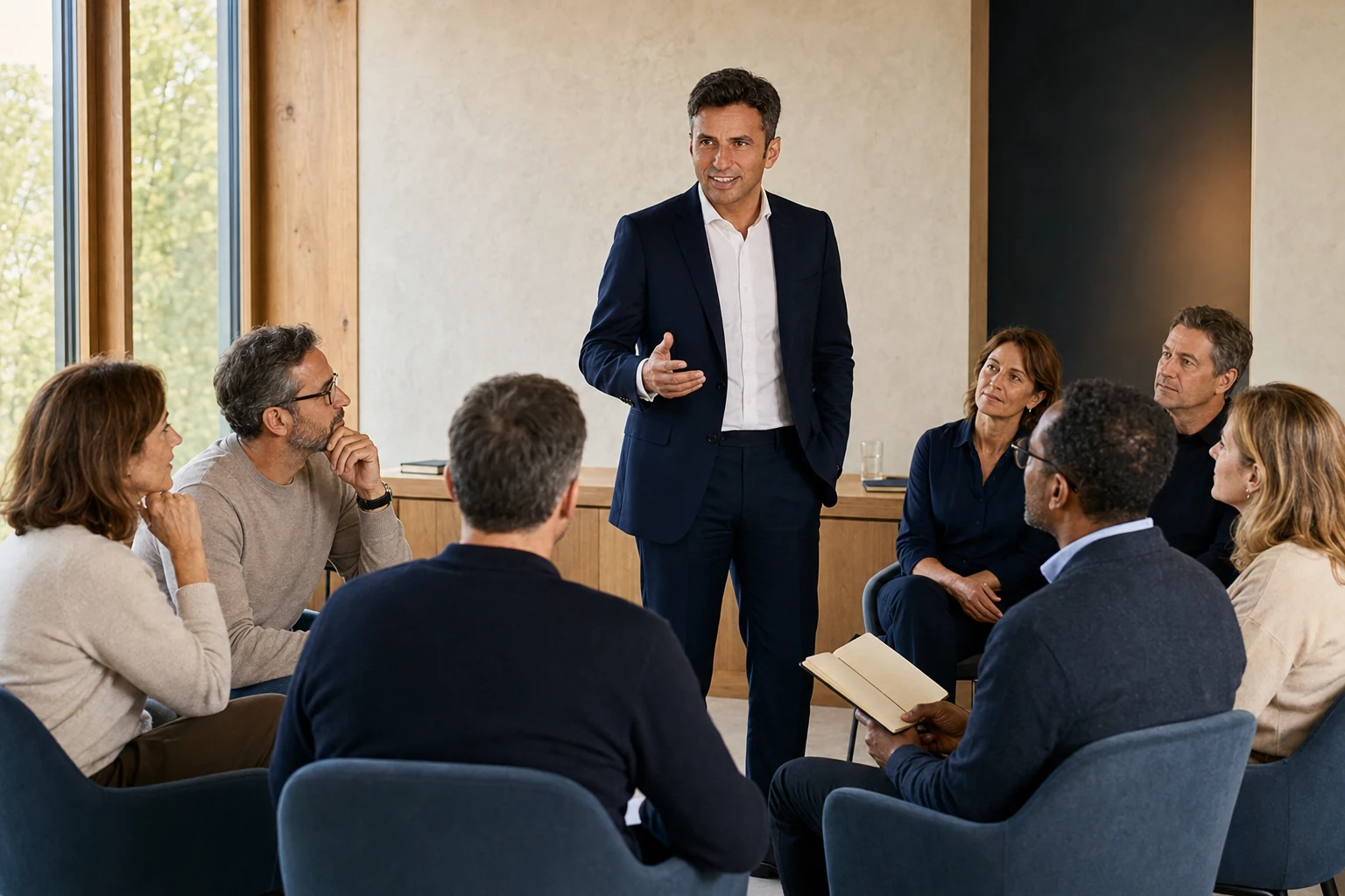 Nazim Bayram moderiert eine kleine Gruppe in einem Workshop.